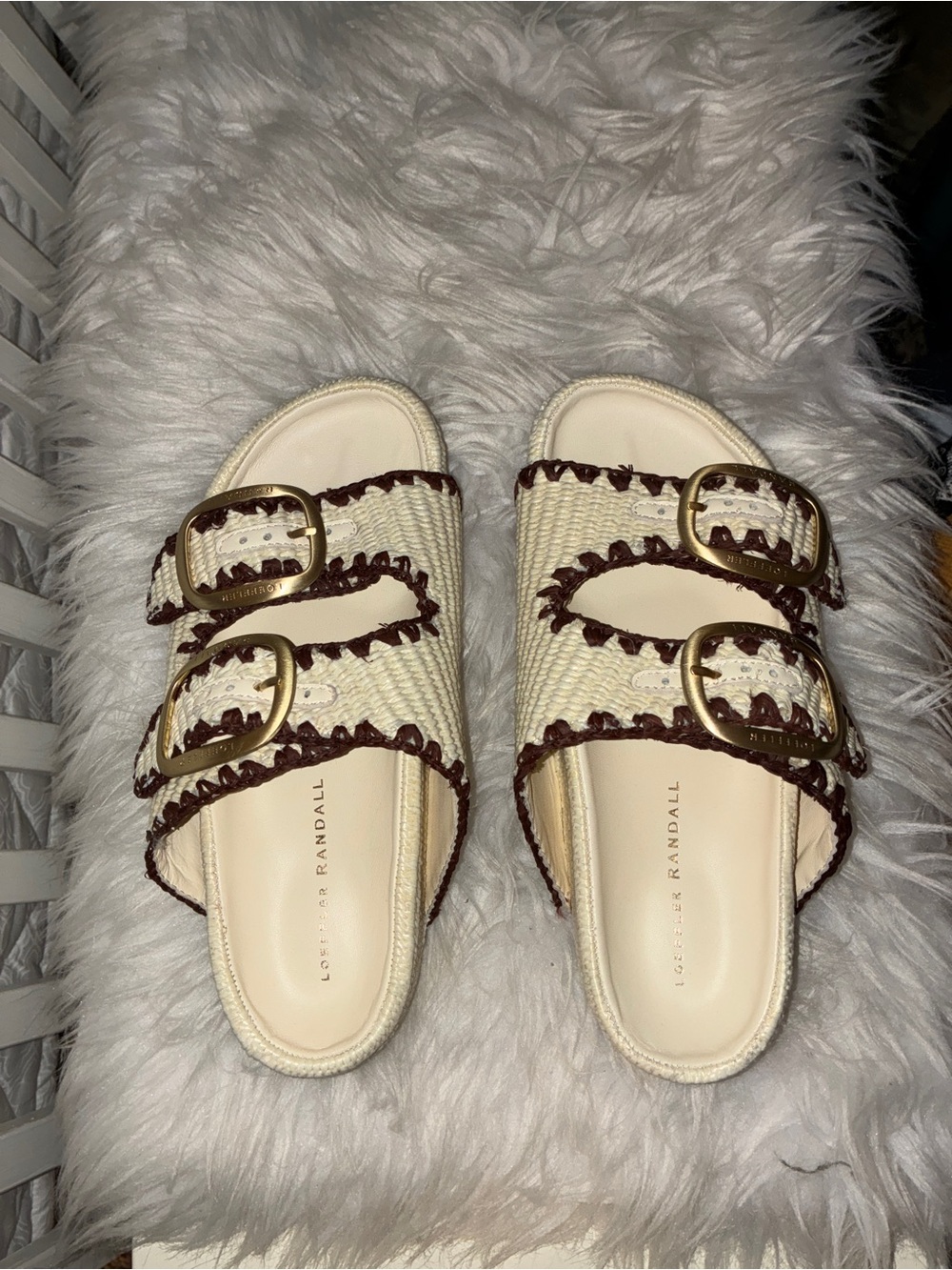 NEW LOEFFLER RANDALL Natural and Dark Brown Straw Theo Two Band Sandal Sz 7 - Picture 2 of 9